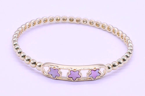 14K Gold Plated Oval Bead Clasped Bangle Accented With 3 Mother Of Pearl Flowers Bar Center Wholesale