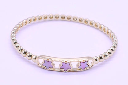 14K Gold Plated Oval Bead Clasped Bangle Accented With 3 Mother Of Pearl Flowers Bar Center Wholesale