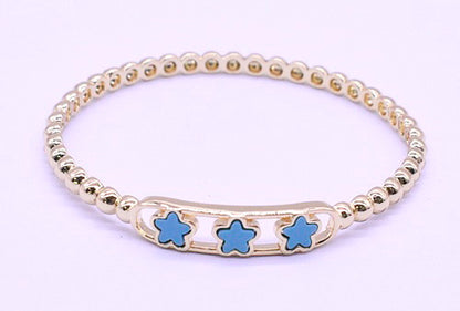 14K Gold Plated Oval Bead Clasped Bangle Accented With 3 Mother Of Pearl Flowers Bar Center Wholesale