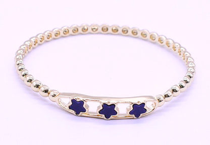 14K Gold Plated Oval Bead Clasped Bangle Accented With 3 Mother Of Pearl Flowers Bar Center Wholesale