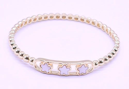14K Gold Plated Oval Bead Clasped Bangle Accented With 3 Mother Of Pearl Flowers Bar Center Wholesale