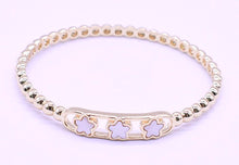 14K Gold Plated Oval Bead Clasped Bangle Accented With 3 Mother Of Pearl Flowers Bar Center Wholesale