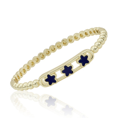 14K Gold Plated Oval Bead Clasped Bangle Accented With 3 Mother Of Pearl Flowers Bar Center Wholesale