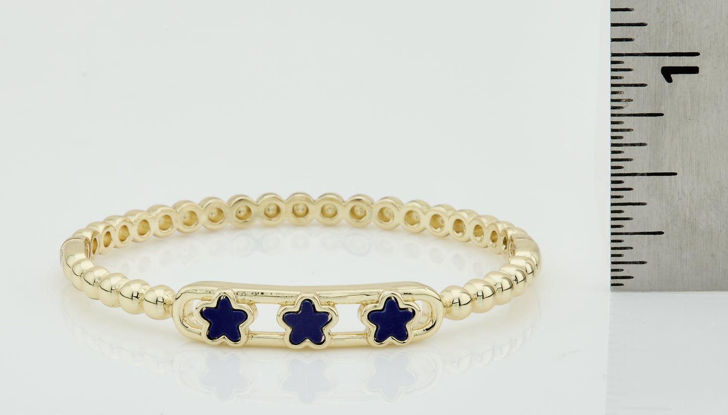 14K Gold Plated Oval Bead Clasped Bangle Accented With 3 Mother Of Pearl Flowers Bar Center