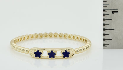 14K Gold Plated Oval Bead Clasped Bangle Accented With 3 Mother Of Pearl Flowers Bar Center