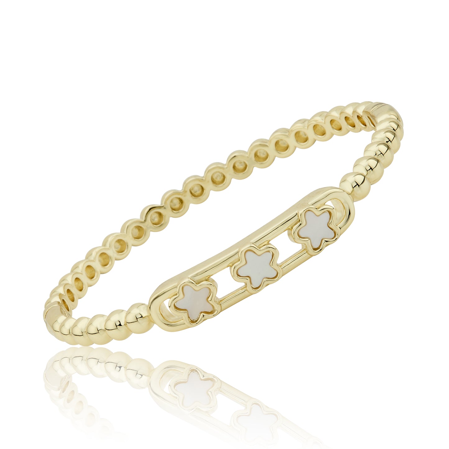14K Gold Plated Oval Bead Clasped Bangle Accented With 3 Mother Of Pearl Flowers Bar Center Wholesale