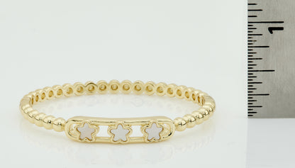 14K Gold Plated Oval Bead Clasped Bangle Accented With 3 Mother Of Pearl Flowers Bar Center