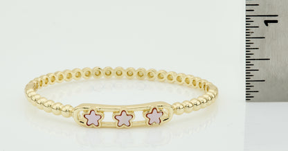 14K Gold Plated Oval Bead Clasped Bangle Accented With 3 Mother Of Pearl Flowers Bar Center