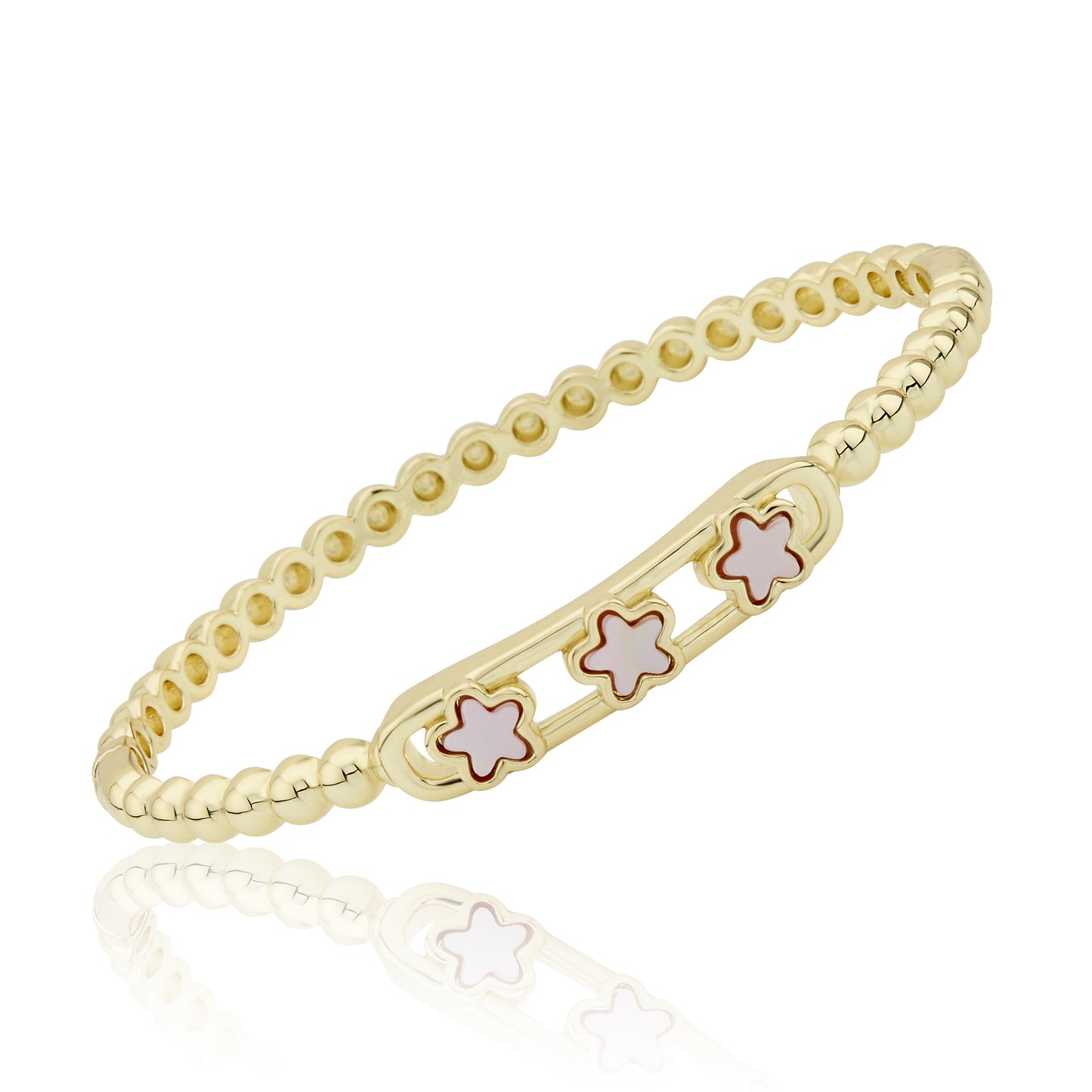 14K Gold Plated Oval Bead Clasped Bangle Accented With 3 Mother Of Pearl Flowers Bar Center Wholesale