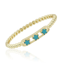 14K Gold Plated Oval Bead Clasped Bangle Accented With 3 Mother Of Pearl Flowers Bar Center Wholesale