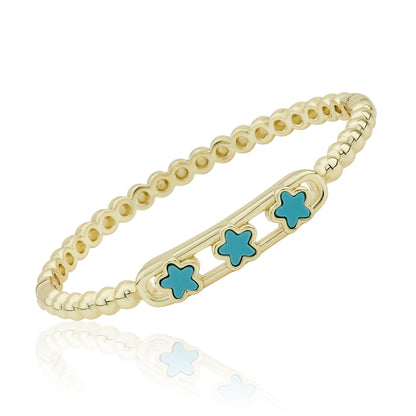 14K Gold Plated Oval Bead Clasped Bangle Accented With 3 Mother Of Pearl Flowers Bar Center Wholesale