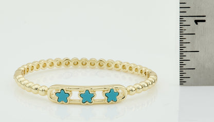 14K Gold Plated Oval Bead Clasped Bangle Accented With 3 Mother Of Pearl Flowers Bar Center