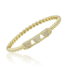 14K Gold Plated Oval Bead Clasped Bangle Accented With 3 Cz Hearts Bar Center Wholesale