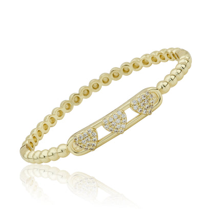 14K Gold Plated Oval Bead Clasped Bangle Accented With 3 Cz Hearts Bar Center Wholesale