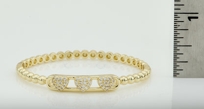 14K Gold Plated Oval Bead Clasped Bangle Accented With 3 Cz Hearts Bar Center