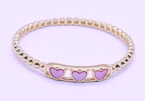 14K Gold Plated Oval Bead Clasped Bangle Accented With 3 Mother Of Pearl Hearts Bar Center Wholesale