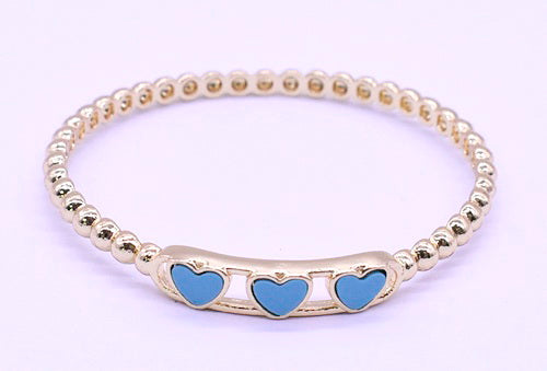 14K Gold Plated Oval Bead Clasped Bangle Accented With 3 Mother Of Pearl Hearts Bar Center Wholesale