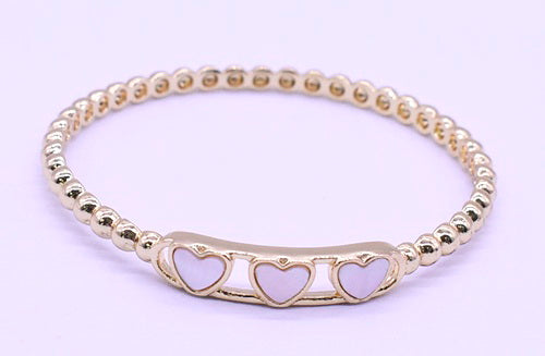 14K Gold Plated Oval Bead Clasped Bangle Accented With 3 Mother Of Pearl Hearts Bar Center Wholesale