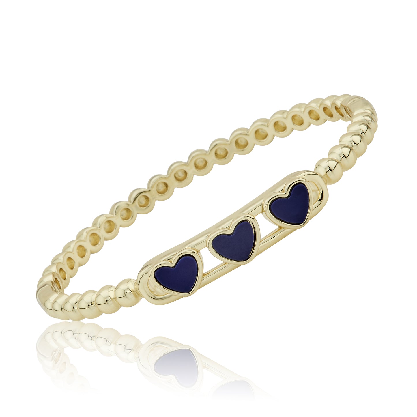 14K Gold Plated Oval Bead Clasped Bangle Accented With 3 Mother Of Pearl Hearts Bar Center Wholesale