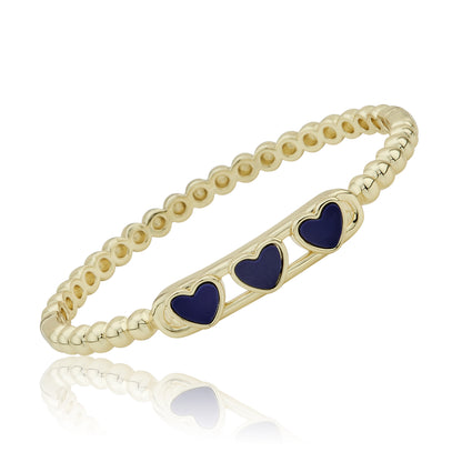14K Gold Plated Oval Bead Clasped Bangle Accented With 3 Mother Of Pearl Hearts Bar Center