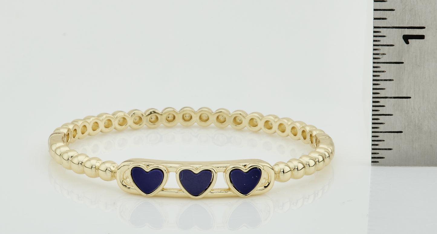 14K Gold Plated Oval Bead Clasped Bangle Accented With 3 Mother Of Pearl Hearts Bar Center
