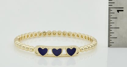 14K Gold Plated Oval Bead Clasped Bangle Accented With 3 Mother Of Pearl Hearts Bar Center