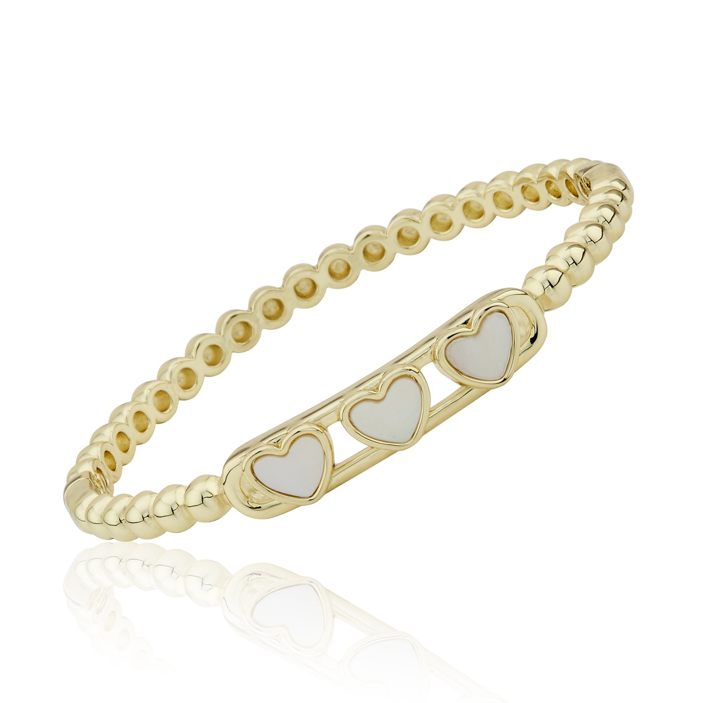 14K Gold Plated Oval Bead Clasped Bangle Accented With 3 Mother Of Pearl Hearts Bar Center