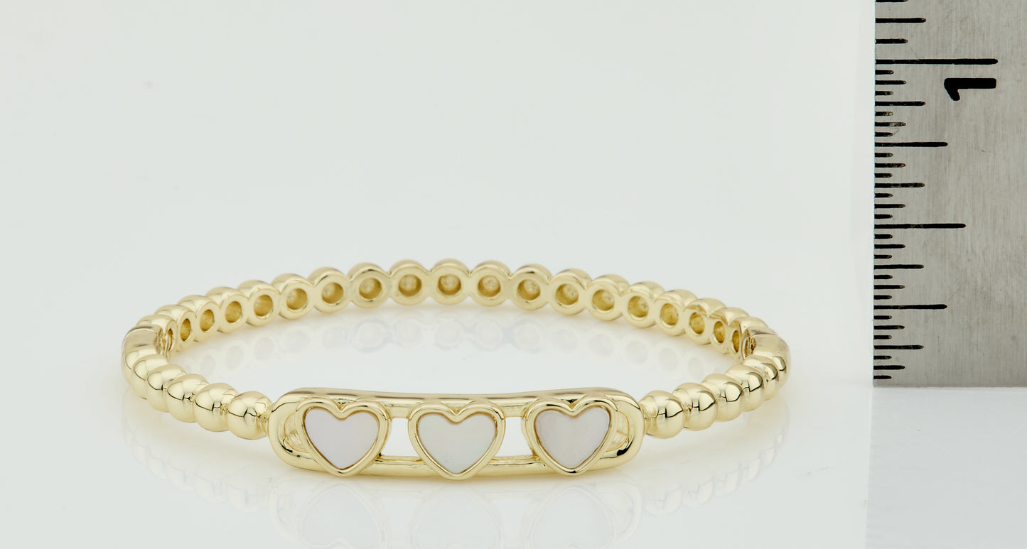 14K Gold Plated Oval Bead Clasped Bangle Accented With 3 Mother Of Pearl Hearts Bar Center