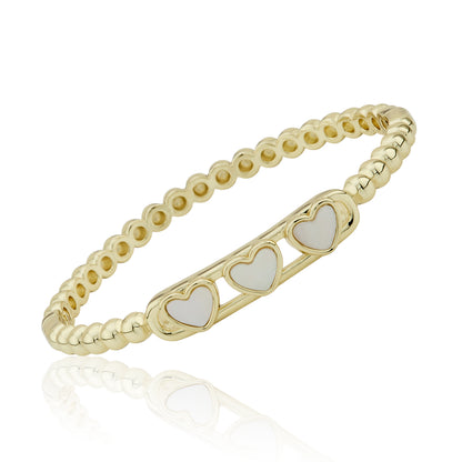 14K Gold Plated Oval Bead Clasped Bangle Accented With 3 Mother Of Pearl Hearts Bar Center Wholesale