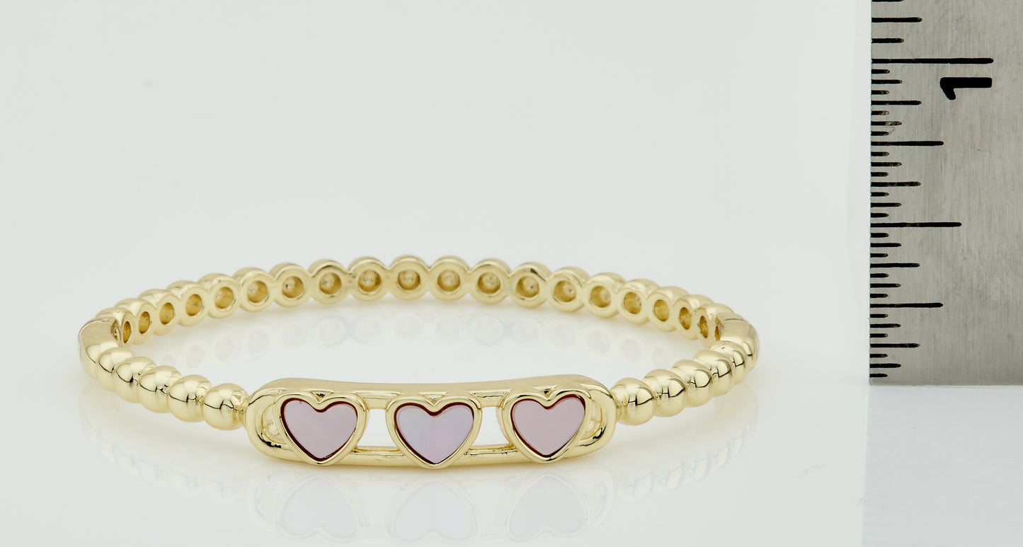 14K Gold Plated Oval Bead Clasped Bangle Accented With 3 Mother Of Pearl Hearts Bar Center