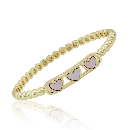 14K Gold Plated Oval Bead Clasped Bangle Accented With 3 Mother Of Pearl Hearts Bar Center Wholesale