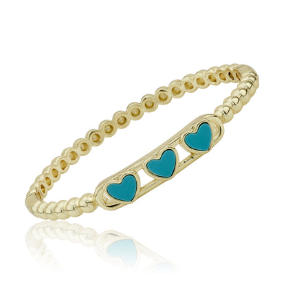 14K Gold Plated Oval Bead Clasped Bangle Accented With 3 Mother Of Pearl Hearts Bar Center Wholesale