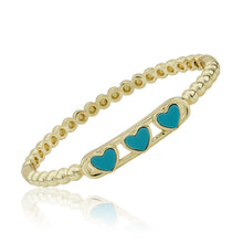 14K Gold Plated Oval Bead Clasped Bangle Accented With 3 Mother Of Pearl Hearts Bar Center