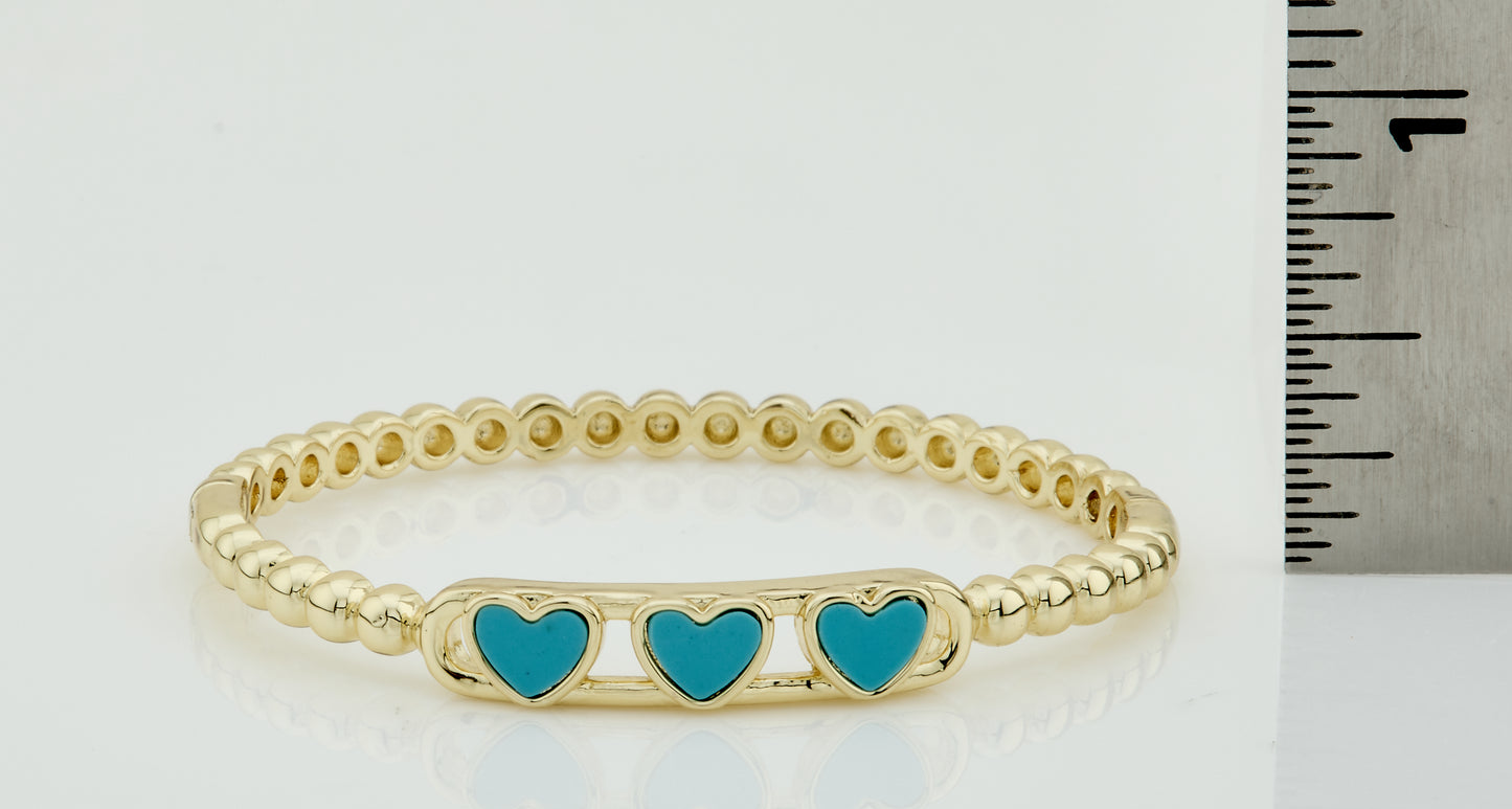 14K Gold Plated Oval Bead Clasped Bangle Accented With 3 Mother Of Pearl Hearts Bar Center