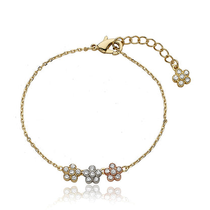 14k Gold Plated3 Tone Plated Cubic Zirconia Small Flowers Chain Bracelet Wholesale