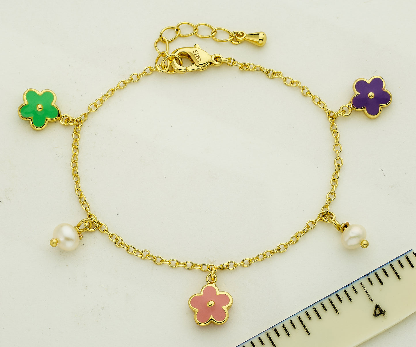 14k Gold Plated FROSTED FLOWERS Flowers & Fresh Water Pearl Charm Bracelet