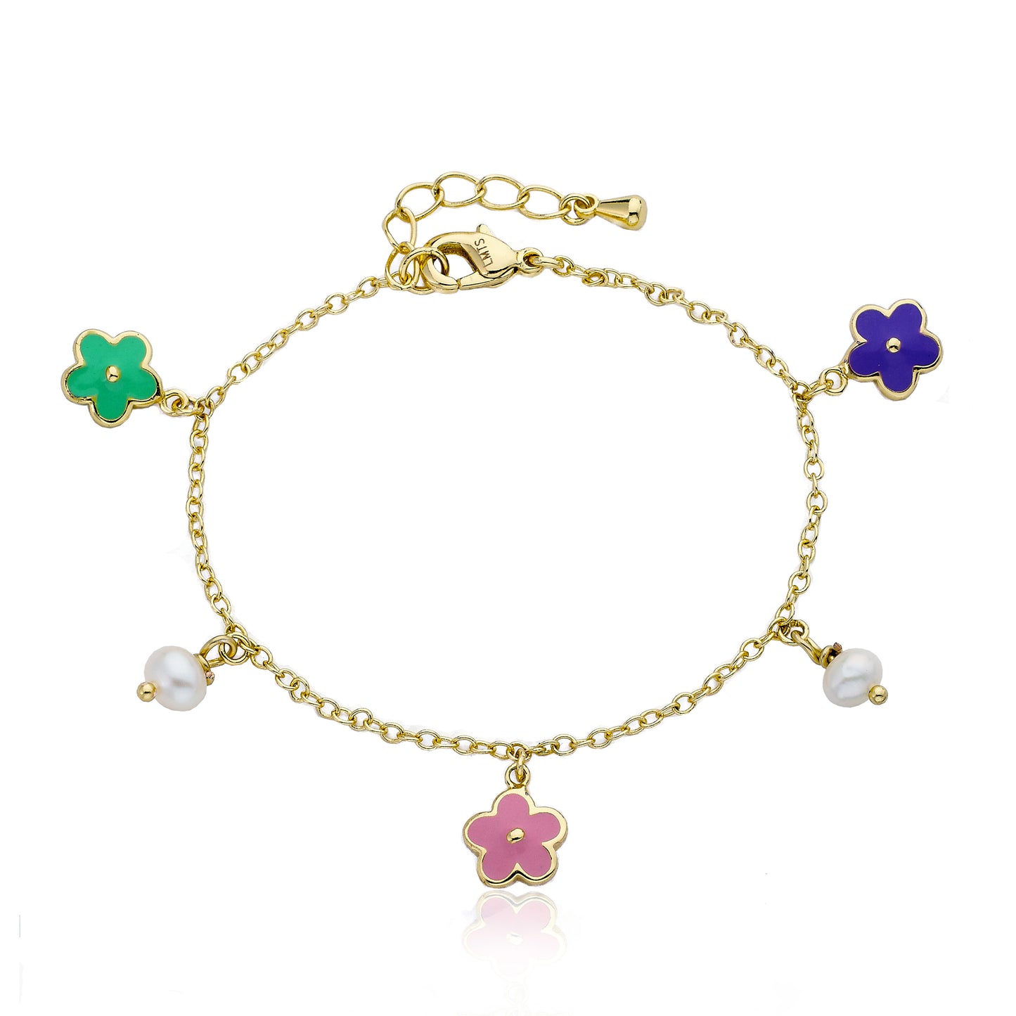 14k Gold Plated FROSTED FLOWERS Flowers & Fresh Water Pearl Charm Bracelet