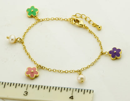 14k Gold Plated FROSTED FLOWERS Flowers & Fresh Water Pearl Charm Bracelet