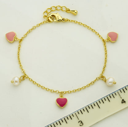 14k Gold Plated I LOVE MY JEWELS Hearts & Fresh Water Pearl Charm Bracelet Wholesale