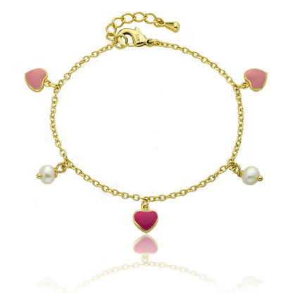 14k Gold Plated I LOVE MY JEWELS Hearts & Fresh Water Pearl Charm Bracelet