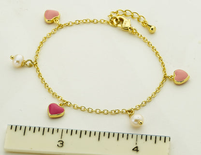 14k Gold Plated I LOVE MY JEWELS Hearts & Fresh Water Pearl Charm Bracelet Wholesale