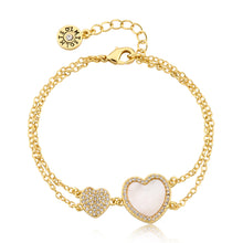 LMTS Classic! Cz Filled Flower & Mother of Pearl Heart Double Strand Chain Bracelet