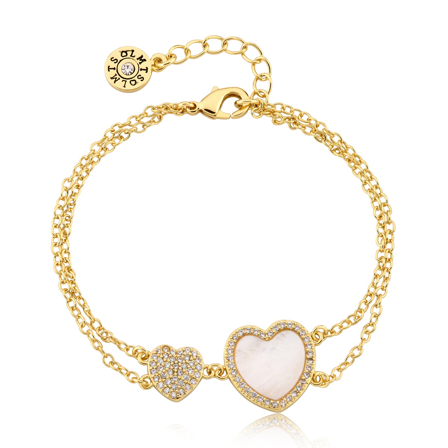 LMTS Classic! Cz Filled Flower & Mother of Pearl Heart Double Strand Chain Bracelet