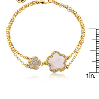 LMTS Classic! Cz Filled Flower & Mother of Pearl Flower Double Strand Chain Bracelet