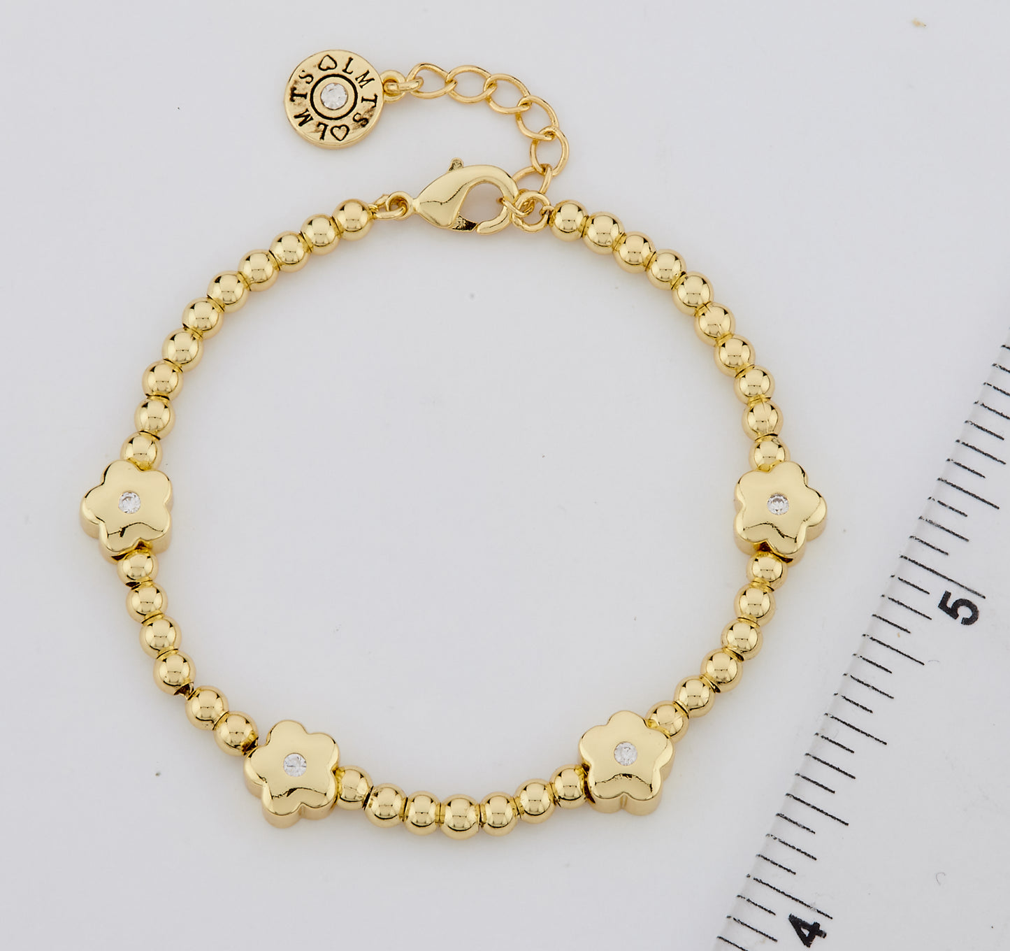 LMTS Classic! 14K Gold Plated Bead & Cz Center Flowers Bracelet