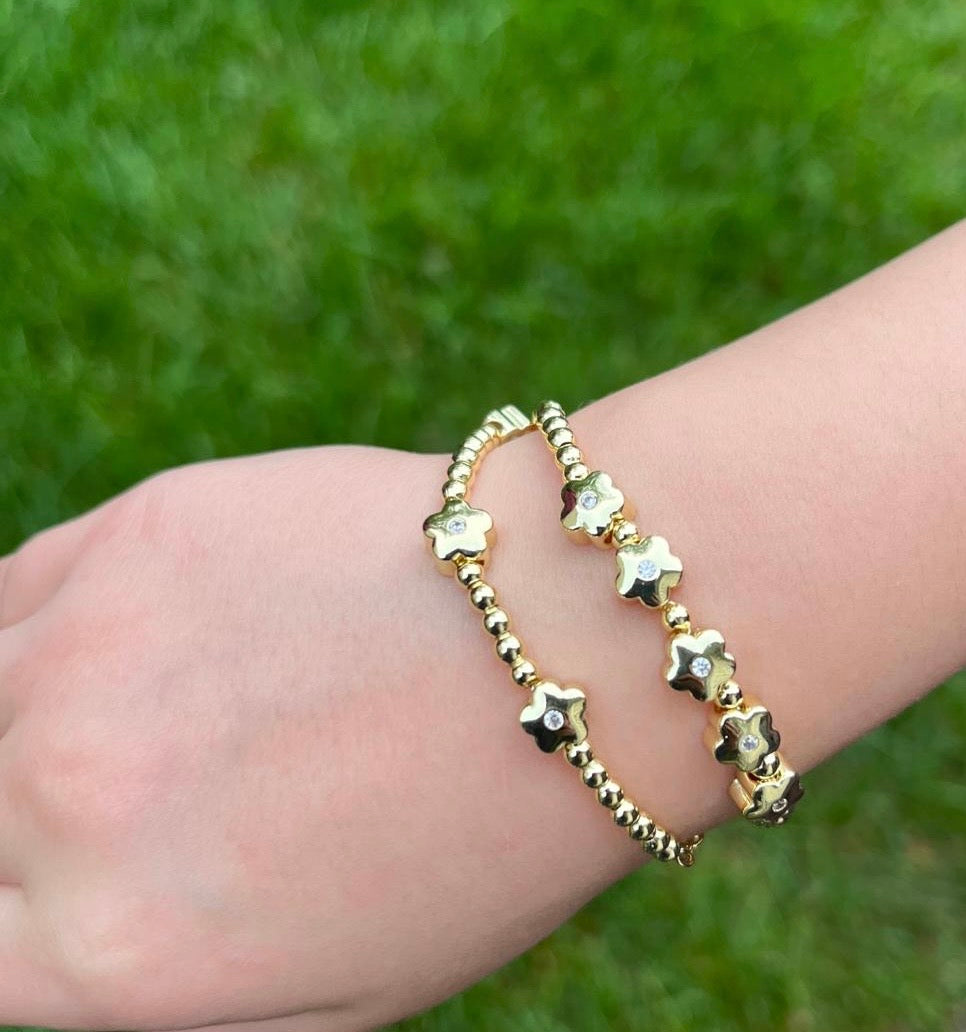 LMTS Classic! 14K Gold Plated Bead & Cz Center Flowers Bracelet