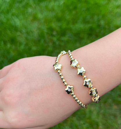 LMTS Classic! 14K Gold Plated Bead & Cz Center Flowers Bracelet