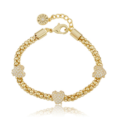 14K Gold Plated Mesh Rope 3 Cz Slide Hearts Bracelet