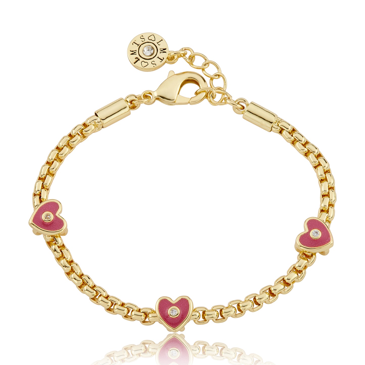 14K Gold Plated Mesh Rope Bracelet Accented With 3 Enamel Heart Slides