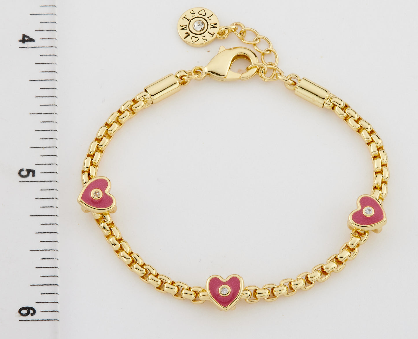 14K Gold Plated Mesh Rope Bracelet Accented With 3 Enamel Heart Slides